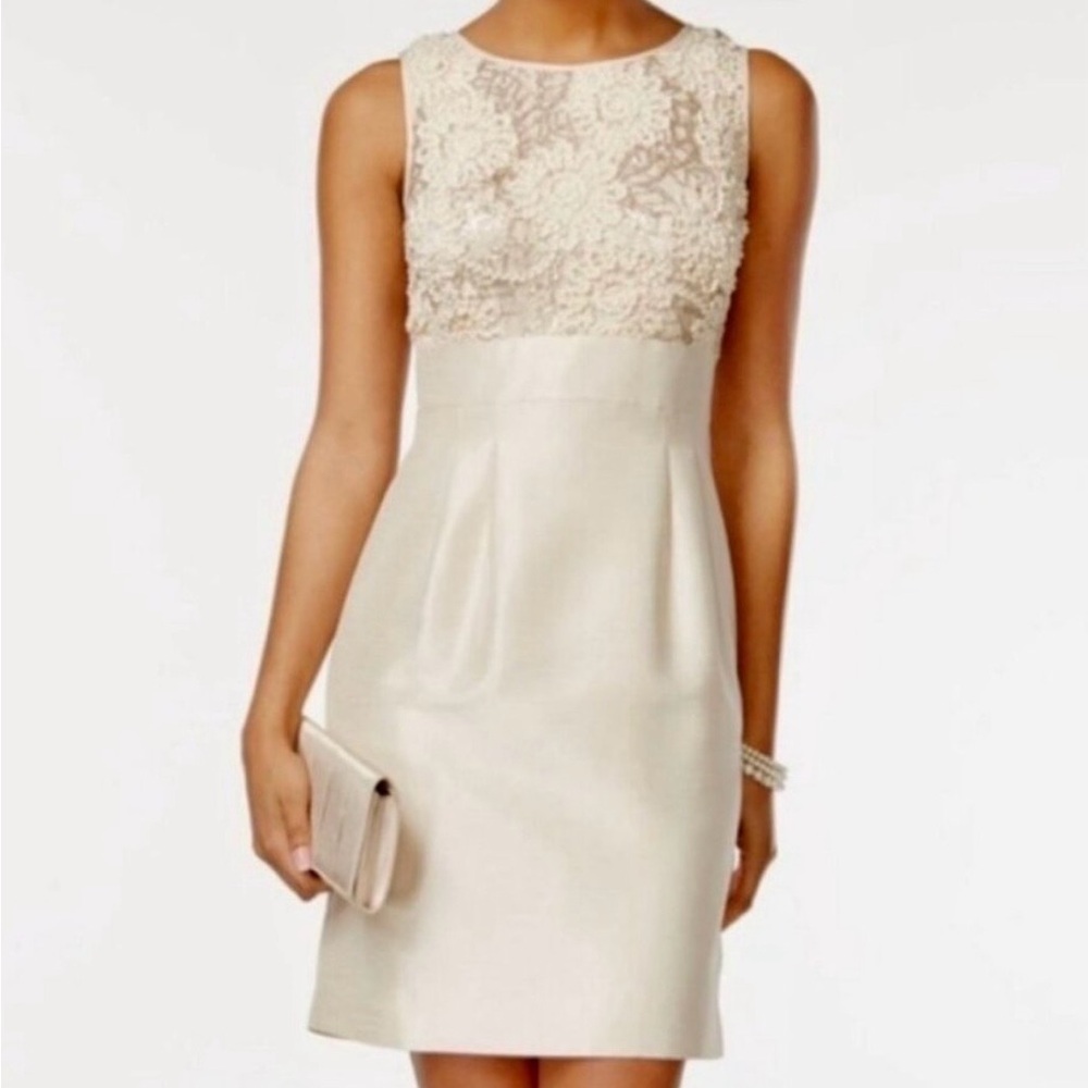 Tahari Ivory Sequin Floral Bodice Midi Dress Lily Champagne Size 8 Versatile